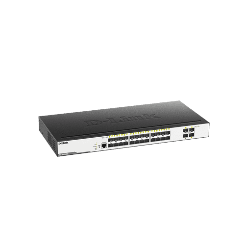 سوییچ DGS-3000-28XS دارای 24 پورت گیگابیتی SFP و 4 پورت +10G SFP است.