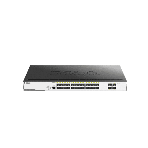 سوییچ DGS-3000-28XS دارای 24 پورت گیگابیتی SFP و 4 پورت +10G SFP است.