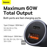 شارژر فندکی خودرو 60W با دو پورت USB و کانکتور از جنس طلا بیسوس